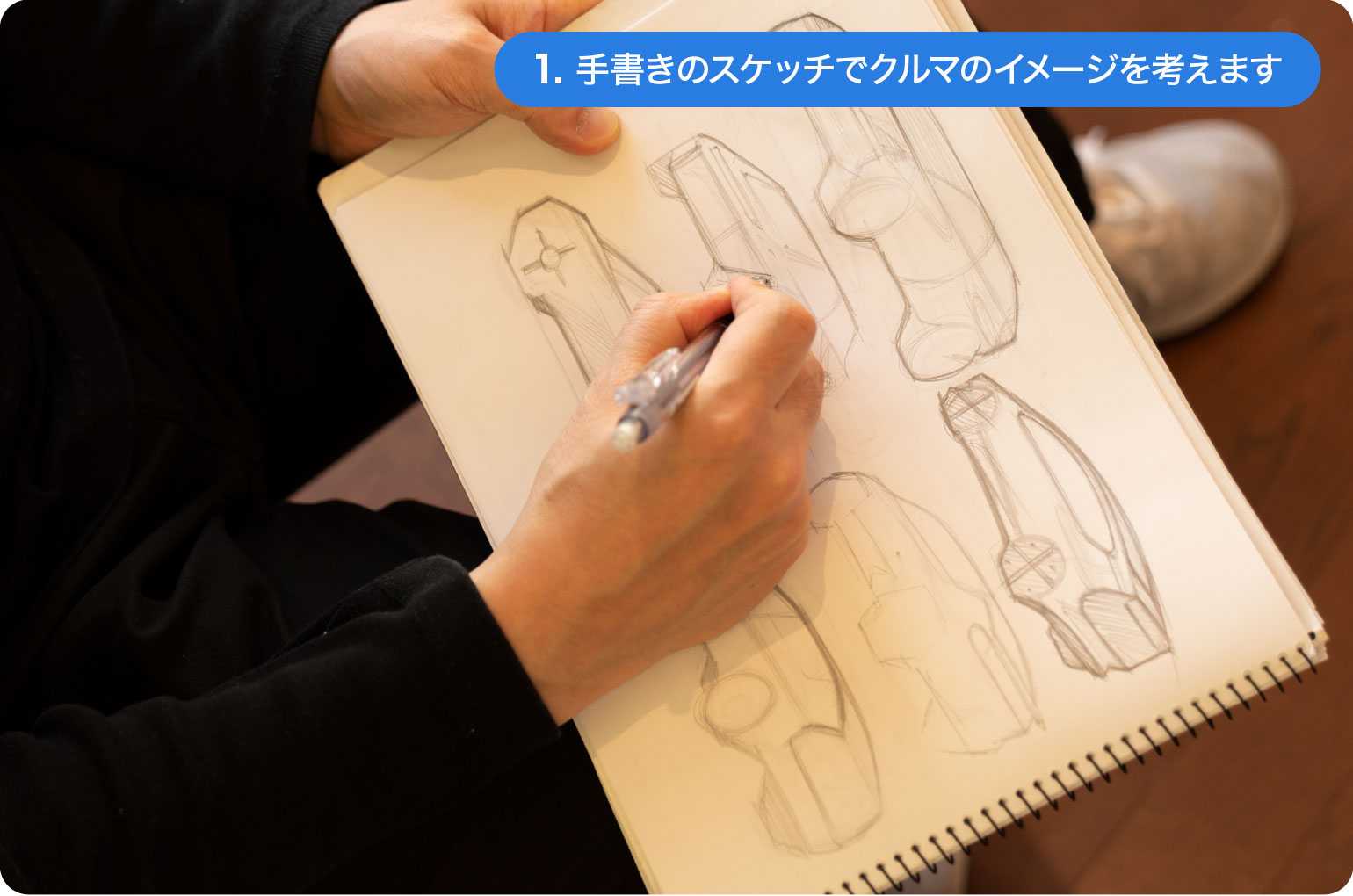 1.手書きのスケッチでクルマのイメージを考えます