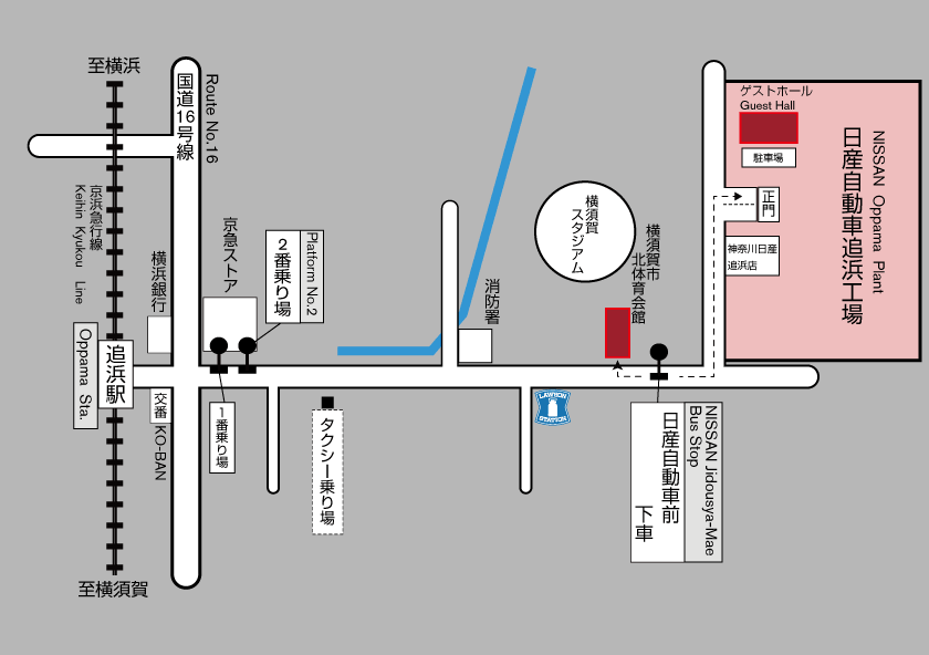 京浜急行線 追浜駅から日産自動車追浜工場へのアクセスMAP
