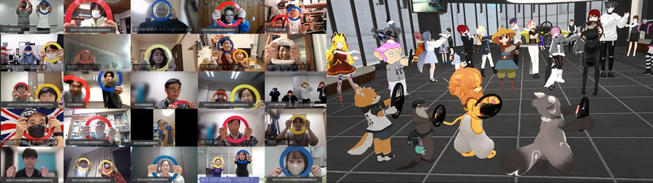 ハンドルぐるぐる体操 全国オンライン体験会の様子(左)、メタバース上の「NISSAN CROSSING」でのアバターが体操のインストラクターを担当。 ハンドルぐるぐる体操 全国オンライン体験会の様子(左)、メタバース上の「NISSAN CROSSING」でのアバターが体操のインストラクターを担当。